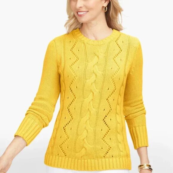 Talbots Sunny Yellow Cable Knit cotton blend crew neck Sweater Sz: 1X NWOT - Picture 2 of 10
